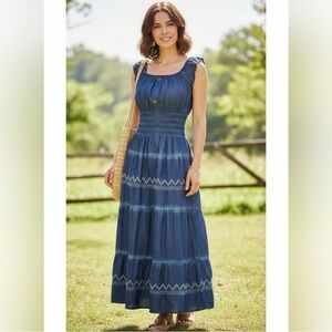 INDIGO & LACE Blue Lightweight Denim Chambray Midi Dress Button Accents M EUC